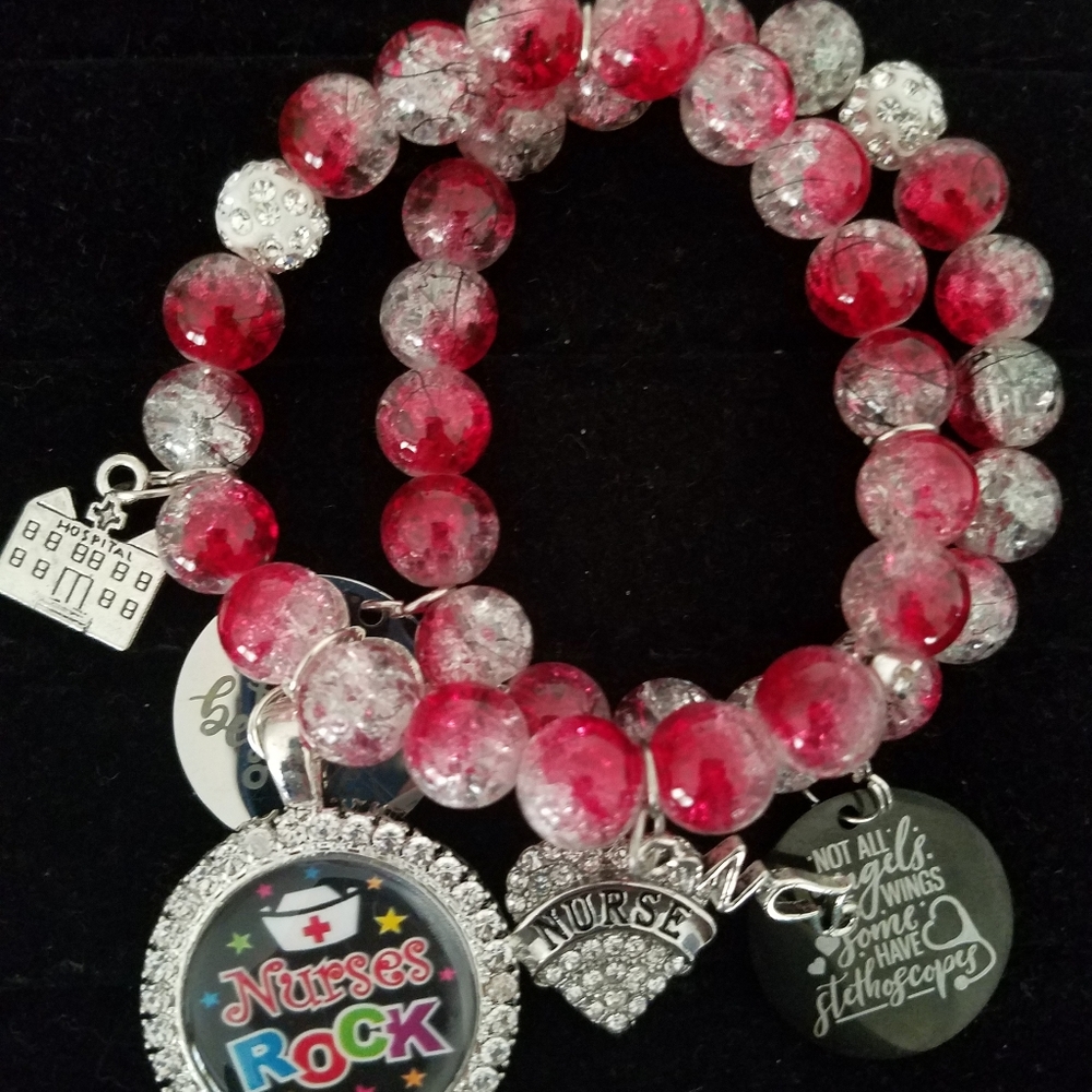 Cracked Bloody Red beaded bracelet set with charms